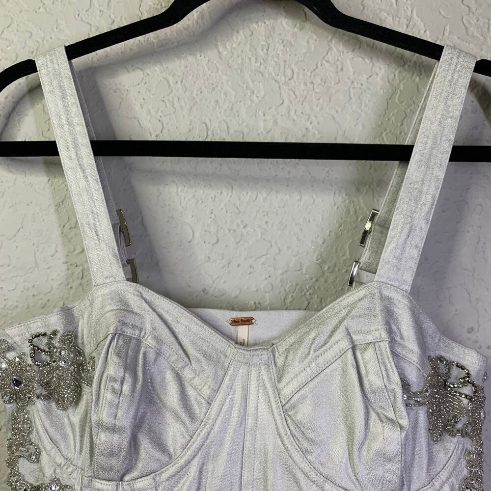 FREE PEOPLE Romper Janelle Bubble Style Size 4 Metallic Silver Hidden Side Zip - Picture 3 of 16